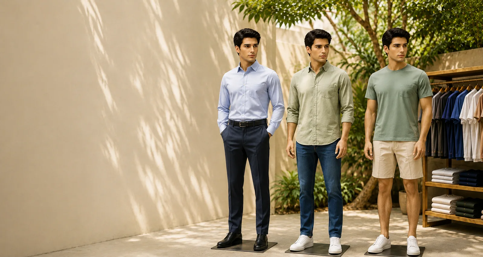 Three mannequins in a formal shirt, a casual shirt with jeans and a tee with shorts, beside a rack of folded shirts