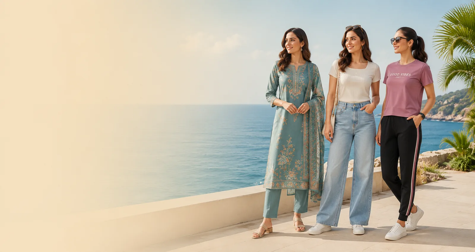 Three women in an embroidered kurta set, jeans and a printed tee on a sunlit seafront terrace