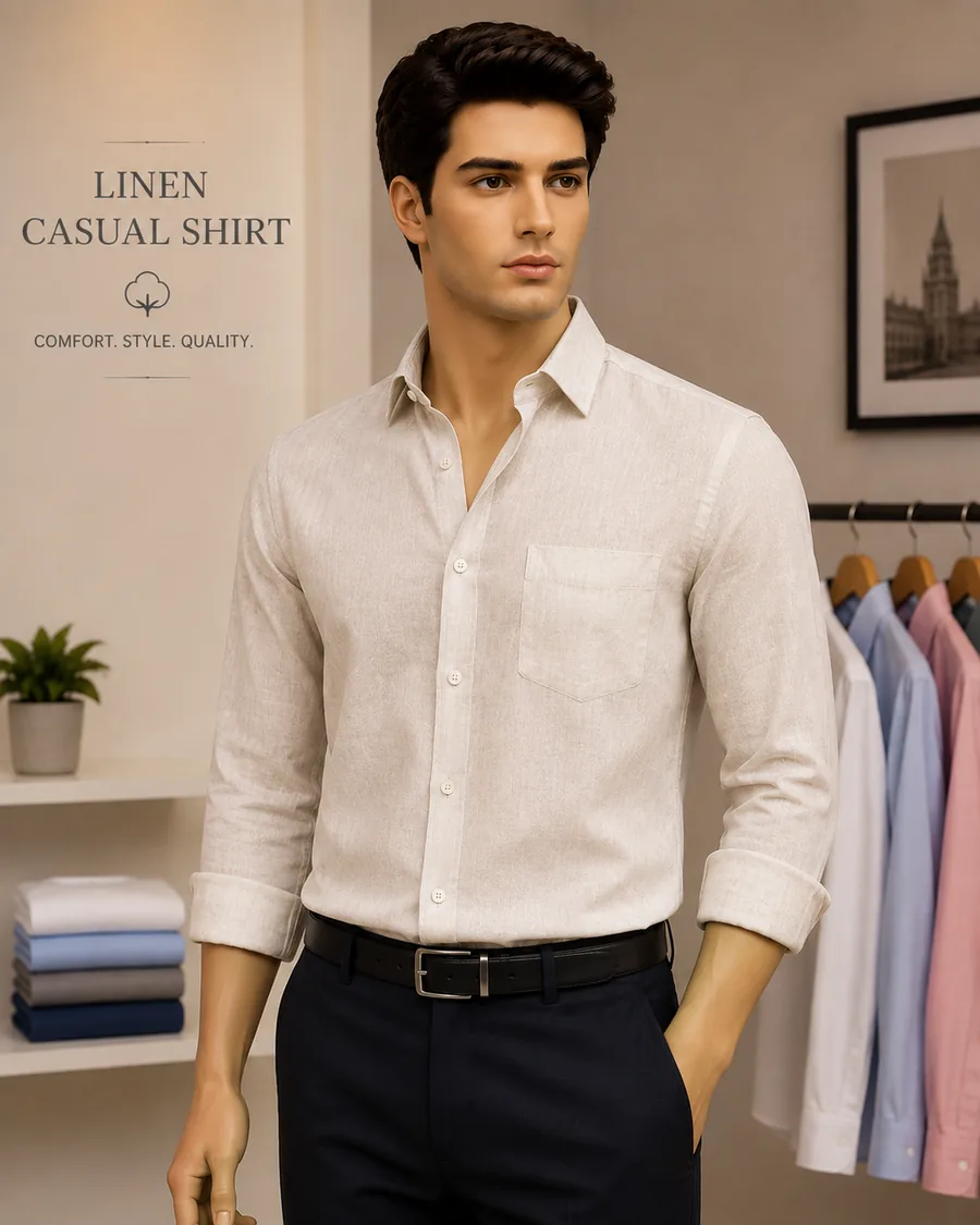Linen Casual Shirt worn by a model in the Cotton India showroom