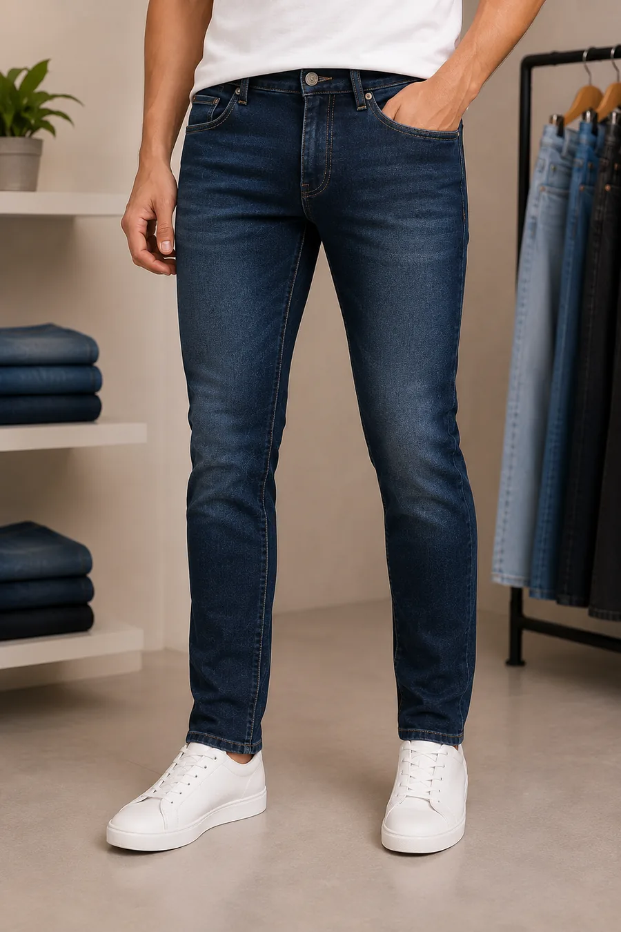 Straight Fit Denim worn by a model in the Cotton India showroom