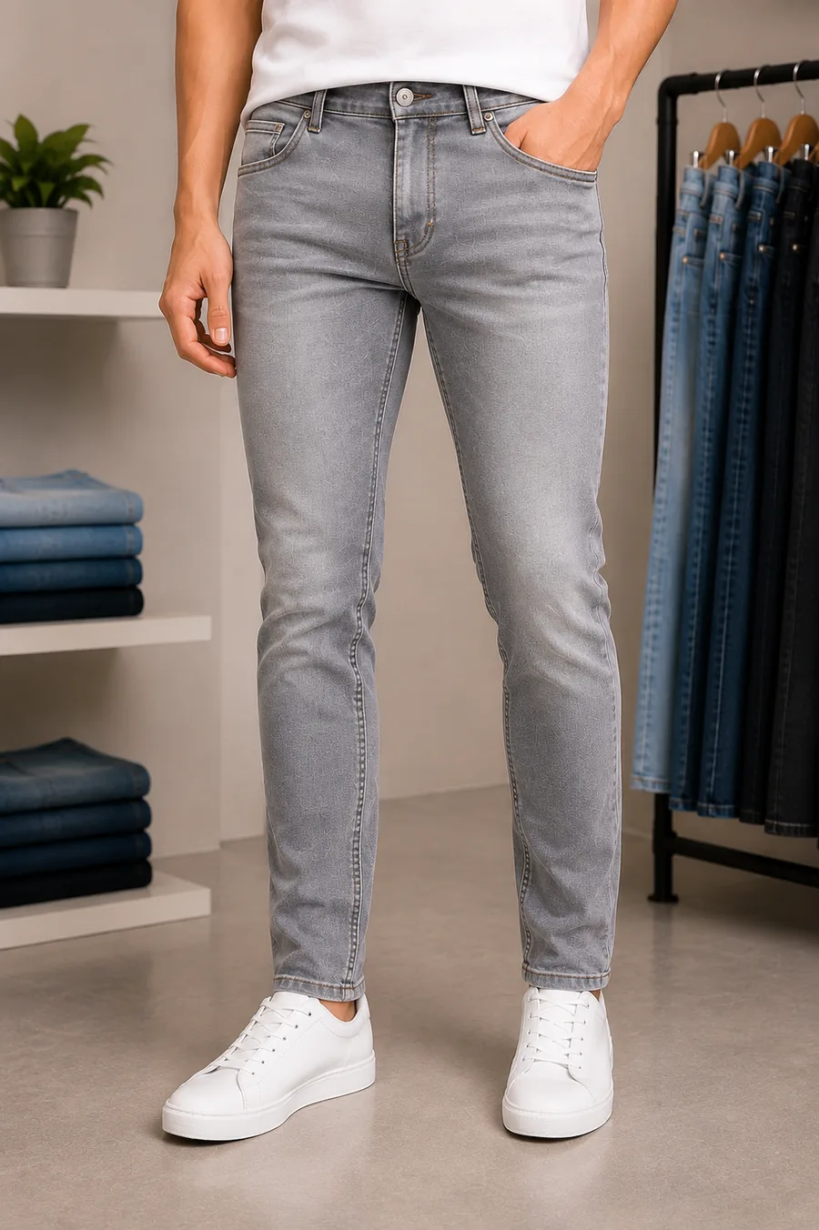 Slim Stretch Jeans worn by a model in the Cotton India showroom