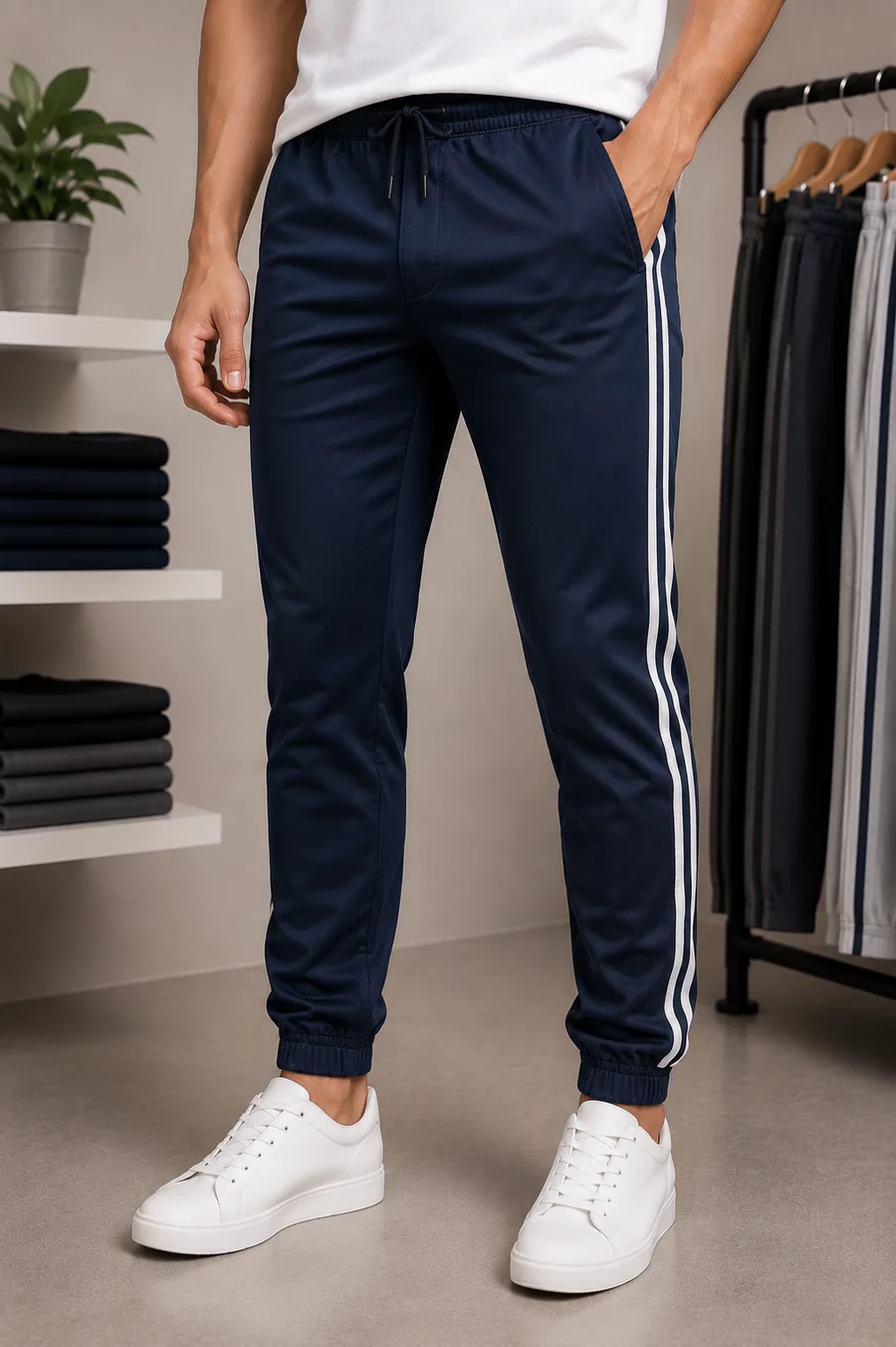 Side-Stripe Track Pant worn by a model in the Cotton India showroom