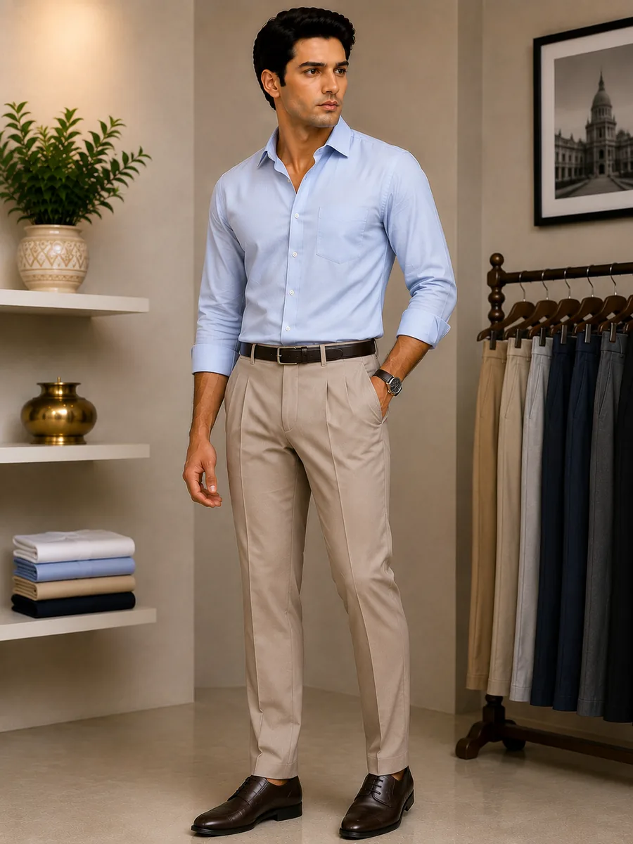 Pleated Trouser worn by a model in the Cotton India showroom