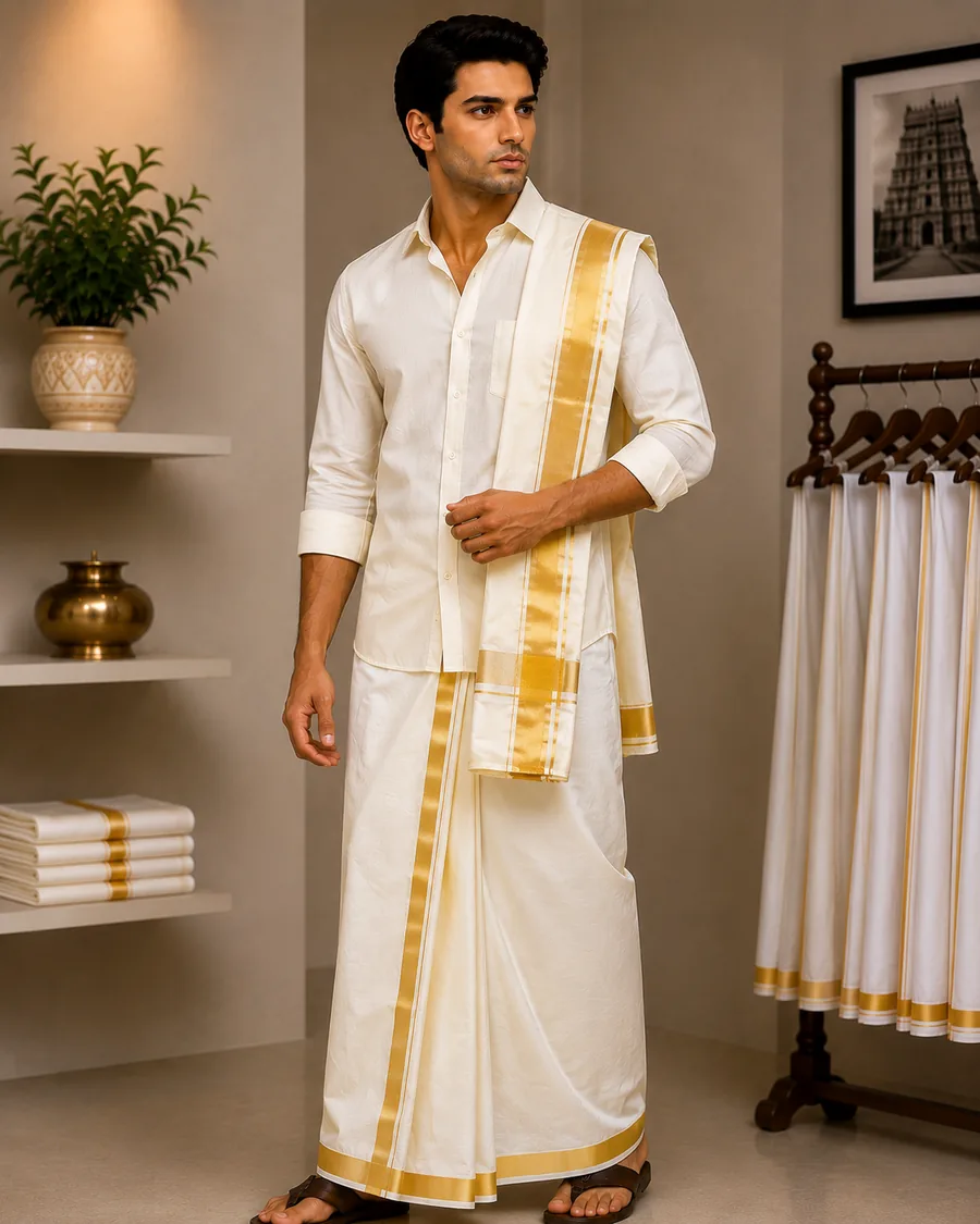 A model in a cream shirt with a gold-bordered dhoti and angavastram, beside the dhoti rack