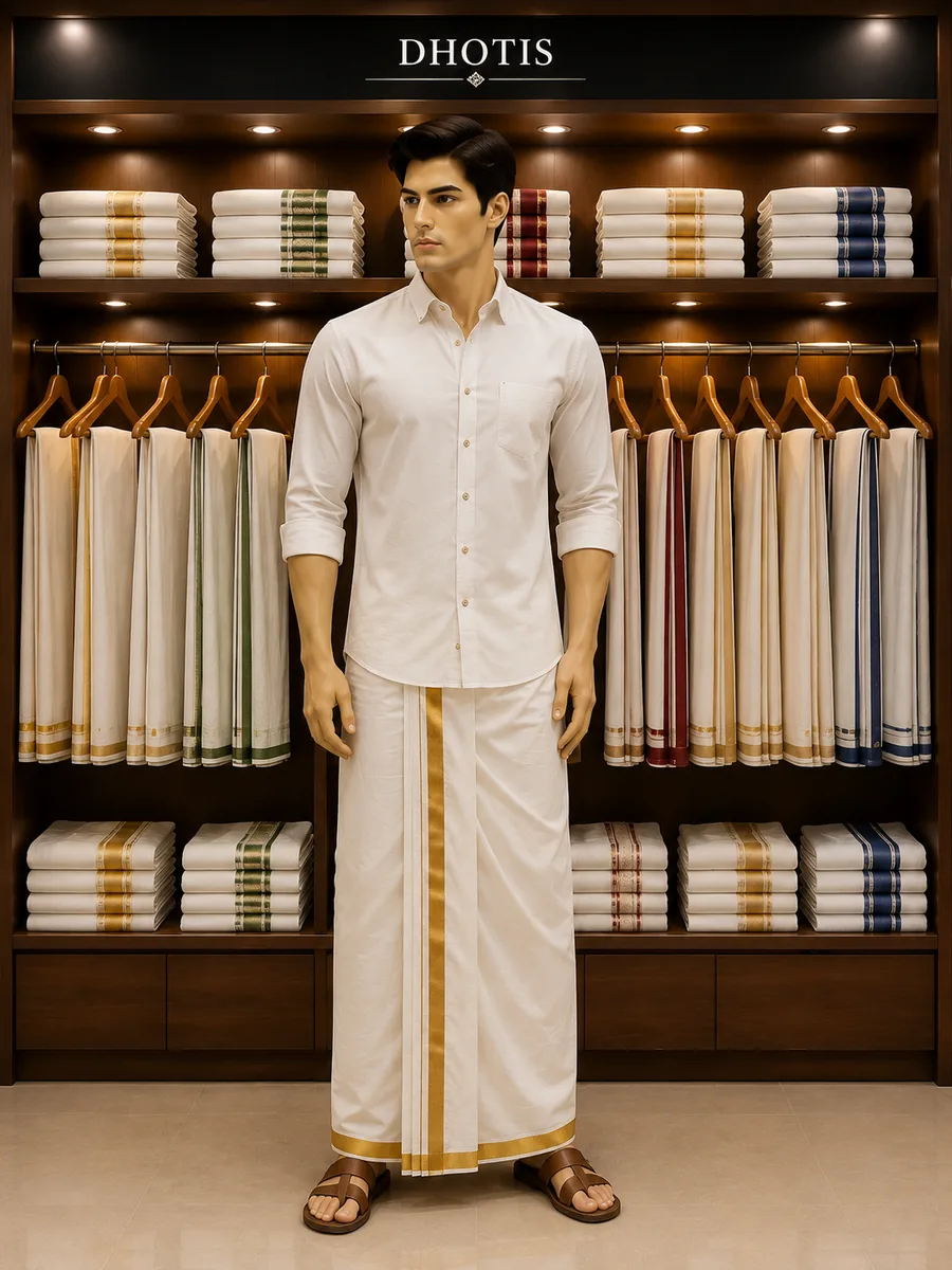A model in a white gold-bordered dhoti and shirt in front of the dhoti section