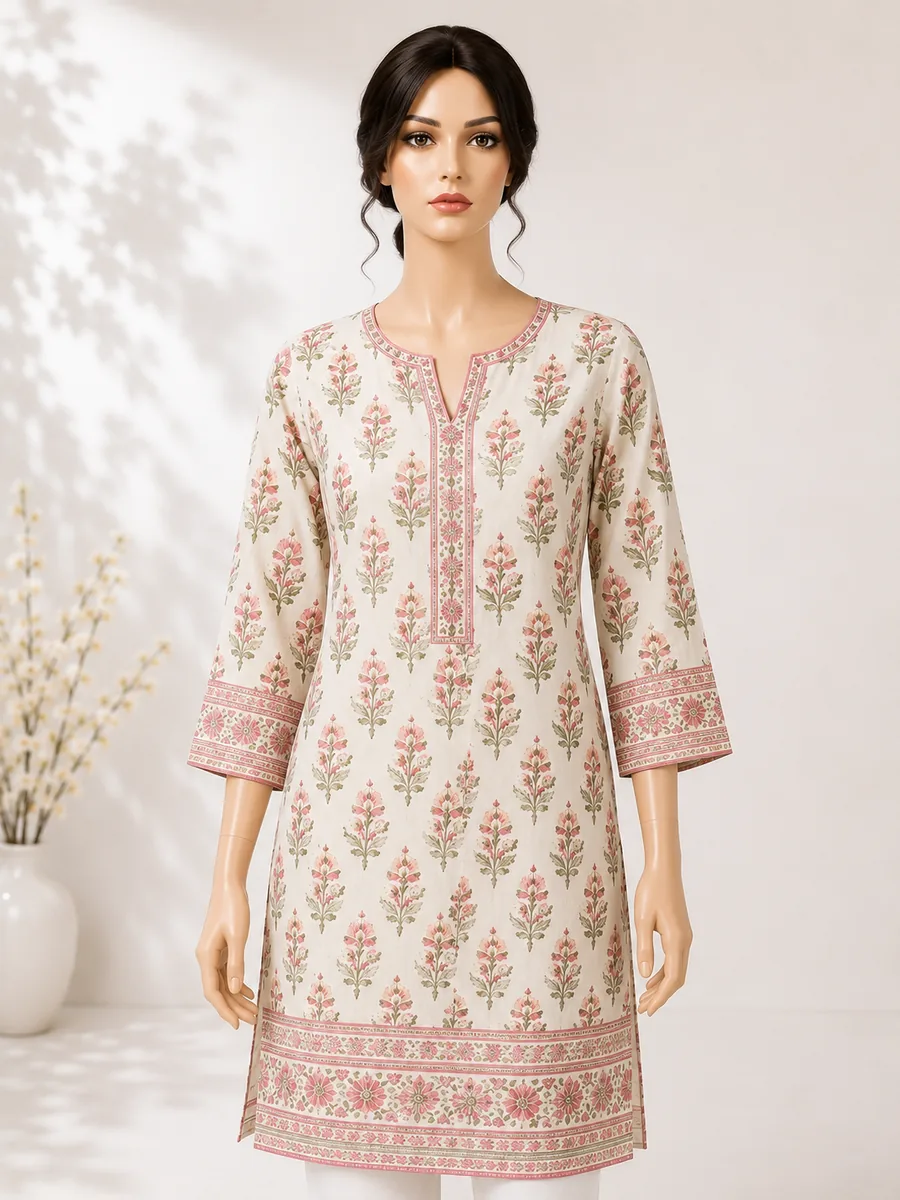 Printed Cotton Kurti worn by a model in the Cotton India showroom