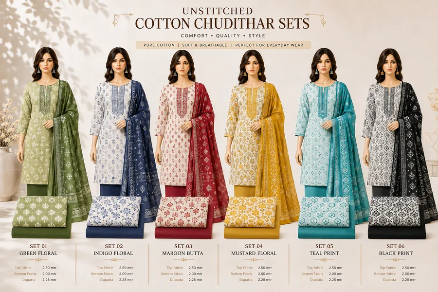 Six unstitched cotton chudithar sets with top, bottom and dupatta laid out together
