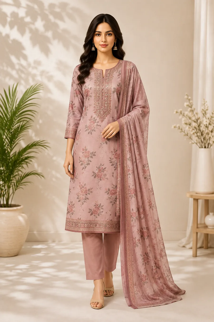 Readymade Chudithar Set worn by a model in the Cotton India showroom