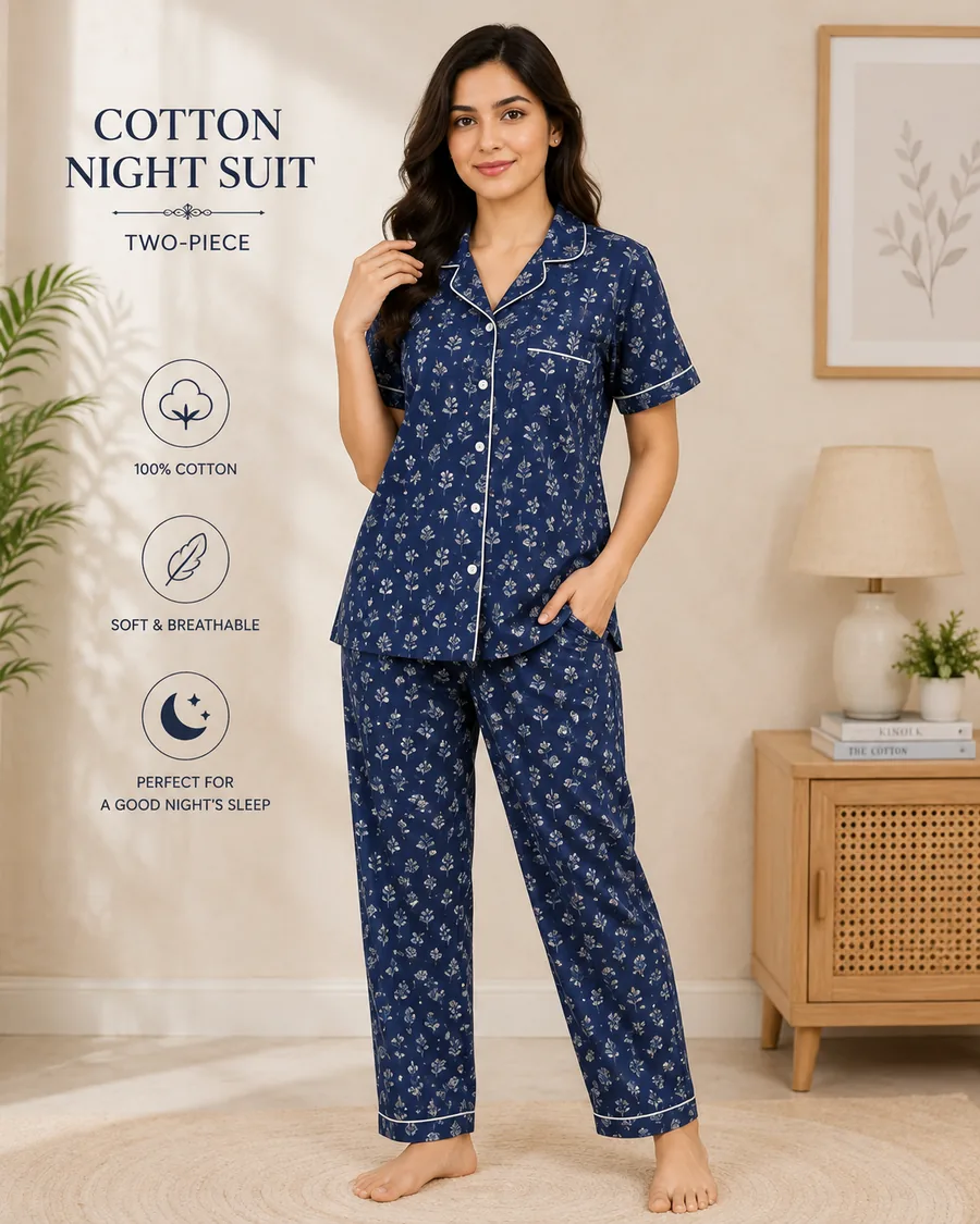 Cotton Night Suit worn by a model in the Cotton India showroom