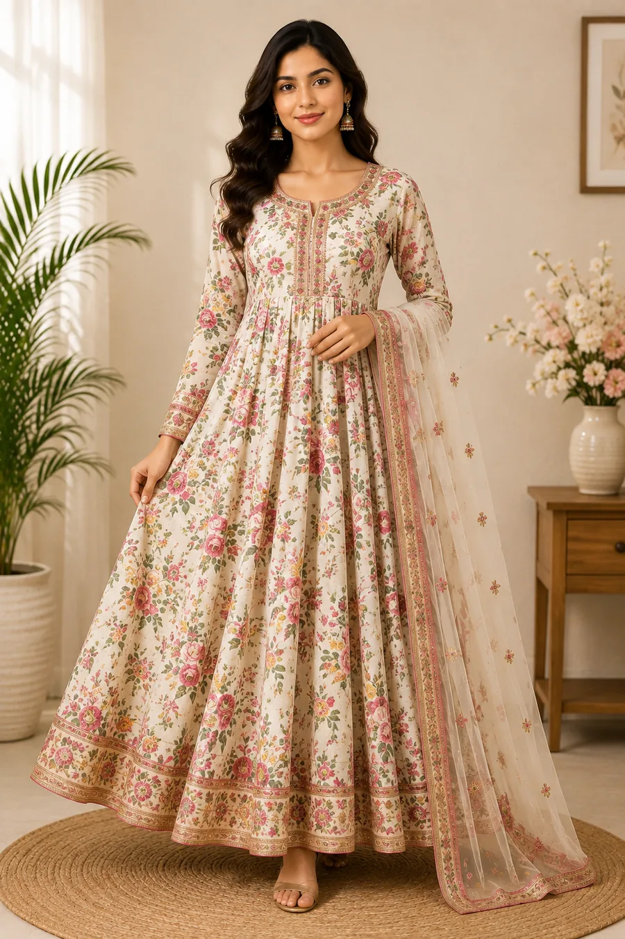 A model in a cream floral anarkali with a matching net dupatta