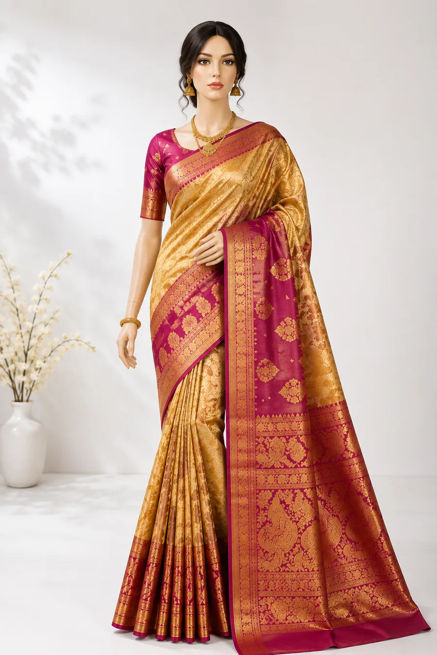 A gold zari silk saree with a magenta border and pallu, draped on a boutique mannequin