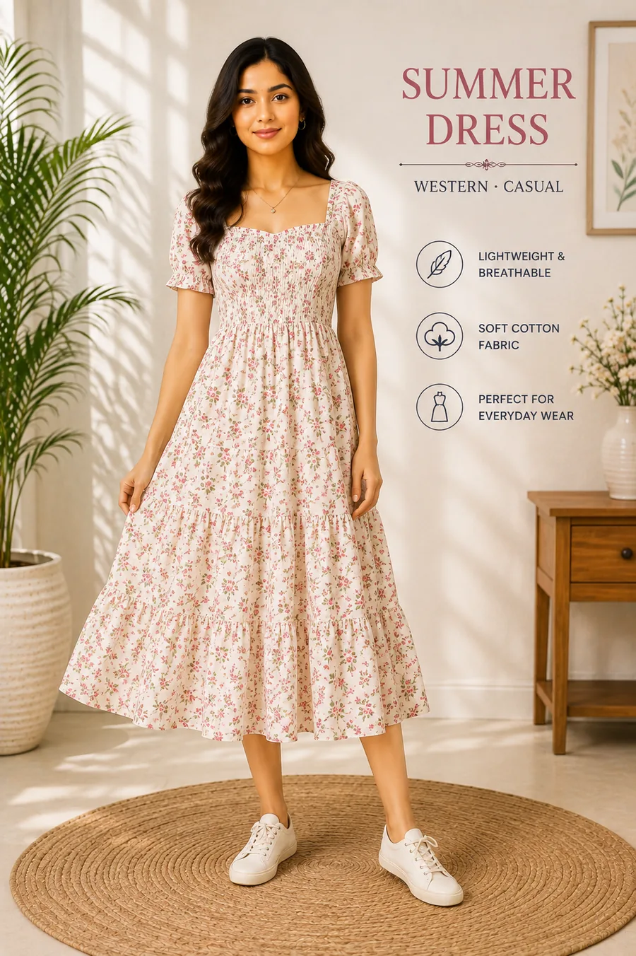 A model in a floral tiered summer dress with a smocked bodice and puff sleeves