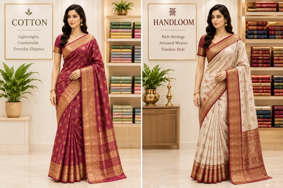 Models in a maroon cotton saree and a cream handloom saree in front of the folded saree shelves