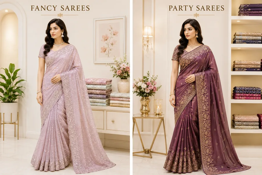 Models in a pale pink sequinned saree and a mauve embroidered party saree