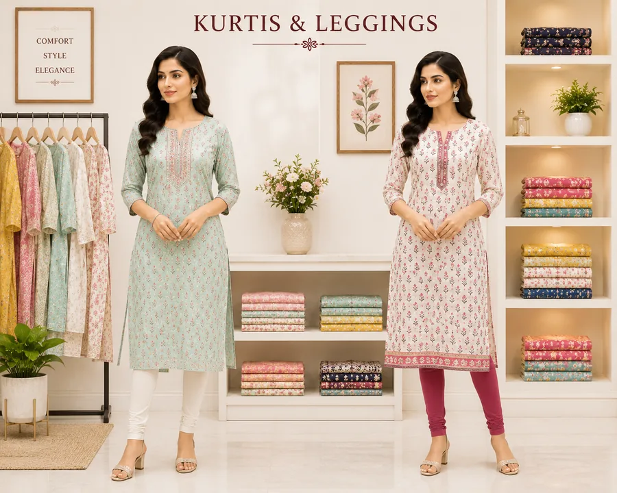 Models in printed kurtis with cream and magenta leggings beside the kurti racks